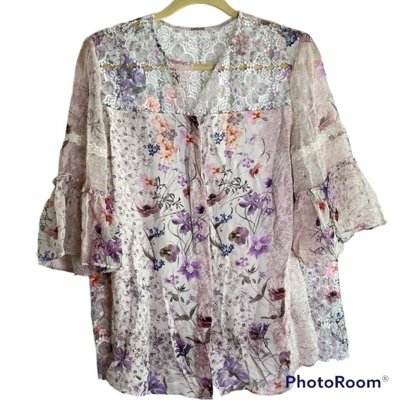 Elie Tahari Floral 100% Silk Ethereal Floral Button Front Career Blouse Size M